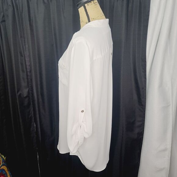 AGB White Semi Sheer Half Button Career Roll Sleeve Top Medium - Picture 2 of 10